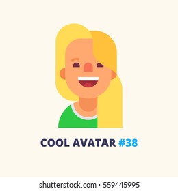 Pretty blond girl friendly smiling. Modern simple and clear design. Vector icon in flat style.