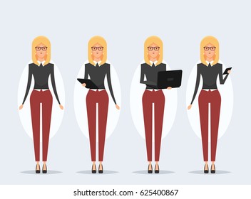 Pretty Blond Girl Holding Tablet, Laptop and Phone. Vector Illustration
