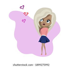 Pretty blond girl with with pink top and dark blue skirt. Vector illustration.