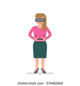 Pretty blond hair woman in a virtual reality glasses and with remote control in hands. Flat design character illustration