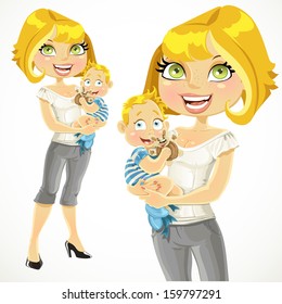 Pretty blond mom with her son in her arms