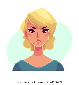 Pretty blond woman, angry facial expression, cartoon vector illustrations isolated on blue background. Beautiful woman frowns, feeling distressed, frustrated, sullen, upset. Angry face expression