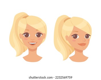 Pretty Blond Woman Character Face with Ponytail with Different Emotion Vector Set