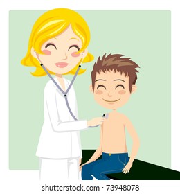 Pretty Blond Woman Doctor Examining Little Boy With Stethoscope