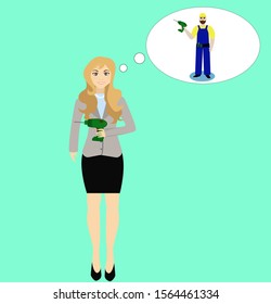 Pretty blond woman with a drill thinking about hiring a repairman. Worker. Drilling tool. Repair service.