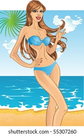 Pretty blond woman with gorgeous health hair in blue swimsuit on the beach