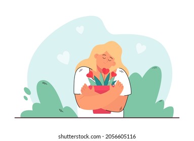 Pretty blond woman hugging house plant in pot. Metaphor of love and caring flat vector illustration. Relationship, love, nature, home and comfort concept for banner, website design or landing web page