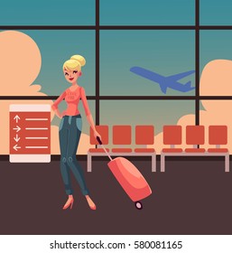 Pretty blond woman in jeans and heels travelling with suitcase in airport terminal interior with a view of airplane.