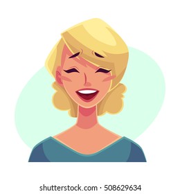 Pretty blond woman, laughing facial expression, cartoon vector illustrations isolated on blue background. Beautiful woman laughing out load with closed eyes and open mouth. Laughing face expression