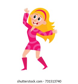 Pretty blond woman in pink dress, retro disco dancer, cartoon vector illustration isolated on white background. Young woman in short pink dress dancing at retro disco party, having fun