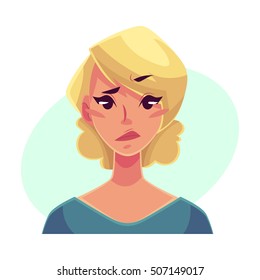 Pretty blond woman, upset, confused facial expression, cartoon vector illustrations isolated on blue background. Beautiful woman feeling upset, concerned, confused frustrated.