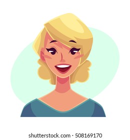 Mujer rubia, expresión facial, ilustraciones vectoriales de caricatura aisladas en fondo azul Hermosa mujer sorprendida, asombrada, asombrada. Sorprendido, expresión de la cara de guau