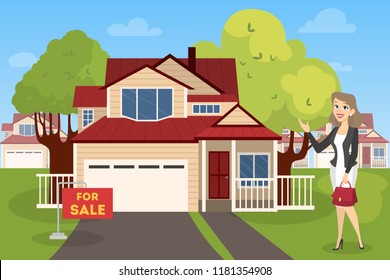 Pretty blonde female realtor or real estate agent shows house for sale. Investment in apartment. Vector illustration in cartoon style