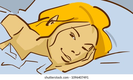 Pretty blonde girl in a bed. Awakening. Headshot. Cartoon colorful vector sketch.