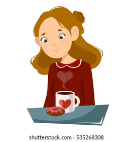Pretty blonde girl looking at cup of coffee and a donut. Vector cartoon illustration. Character