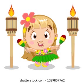 Pretty blonde girl with maracas and floral lei aroun the neck in banana leaf skirt dancing Hawaiian dance hula between two torchs. Cartoon illustration isolated on white background.