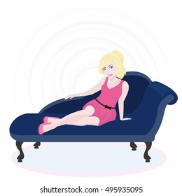 Pretty blonde girl in pink dress sitting on vintage blue sofa. Vector illustration