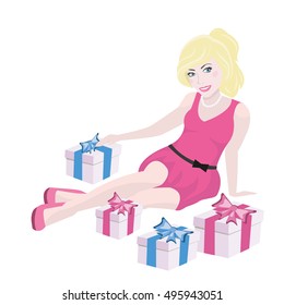 Pretty blonde girl in pink dress sitting on floor next to gift boxes. Vector illustration