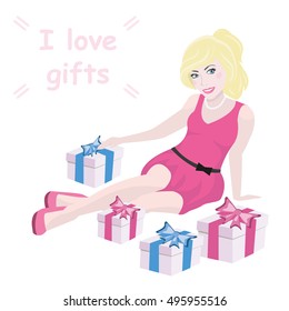 Pretty blonde girl in pink dress sitting on floor next to gift boxes with text. Vector illustration
