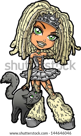 Pretty Blonde Goth Girl with Dreadlocks Green Eyes and Cat