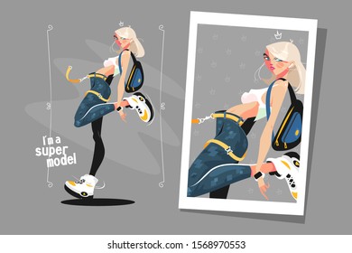 Pretty blonde standing in sneakers vector illustration. Beautiful woman leaning on wall and looking at camera joyfully flat style design. Super model concept