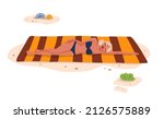 Pretty blonde sunbathing on the beach. Tropical resort leisure, summer vacation travel and holidays leisure. Young woman lying on towel on beach, girl relaxing and sunbathing on hot seacoast sand