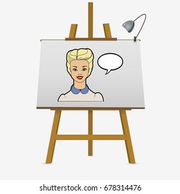 Pretty blonde woman with blank speech bubble, pop art style portrait. Vector illustration on easel