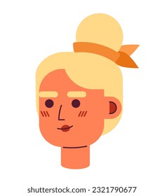 Mujer muy rubia con cabeza de personaje vectorial semi-plana de peinado de bollo. Cinta de moda en el pelo. Icono de avatar de caricatura editable. Enfrentar la emoción. Ilustración de puntos coloridos para diseño gráfico web, animación