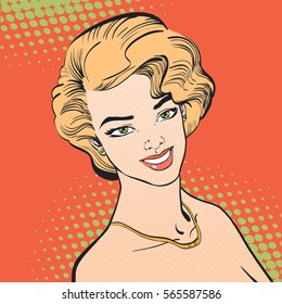 Pretty blonde women smiling. A young woman. Cute woman thinking about something. Cute pin-up girl. Woman portrait. Feelings. Concept idea of advertisement and promo.  Halftone background