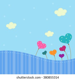 Pretty blue background with planted hearts and clouds
