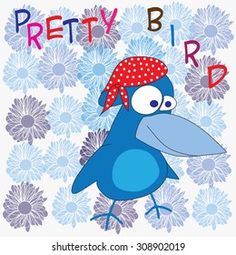 pretty blue bird with flowers vector illustration