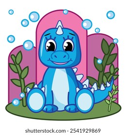 Pretty blue dinosaur. Cartoon flat vector illustration for children. Children's illustration.