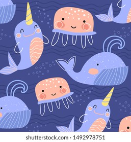 Pretty blue and pink background pattern of sea life with baleen whales and narwhals interspersed with jellyfish in square format, for tiles or print in a vector design for kids