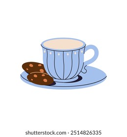 Pretty blue teacup on dish. Pottery cup of tea with tasty cookies on saucer. Ceramic mug of coffee with biscuits. Tableware for hot drinks. Flat isolated vector illustration on white background