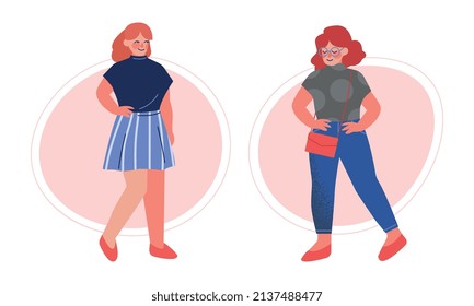 Pretty Body Positive Woman in Stylish Outfit Standing Vector Set