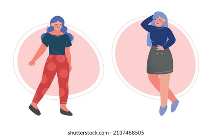 Pretty Body Positive Woman in Stylish Outfit Standing Vector Set