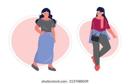 Pretty Body Positive Woman in Stylish Outfit Standing Vector Set