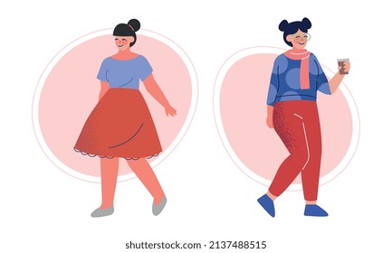 Pretty Body Positive Woman in Stylish Outfit Standing Vector Set
