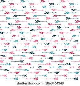 Las flechas de boho son muy bonitas y el patrón no tiene fisuras. Diseño étnico vintage. Tema indígena americano. Ilustración de flechas dibujadas a mano. Cuadros de papel textil para niños. Objetos de tiro con arco.