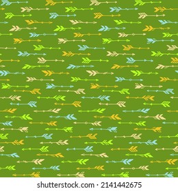 Pretty boho arrows graphic seamless pattern. Ethnic scandinavian design. Native american motive. Hand drawn arrows illustration. Kids clothes fabric print patter. Hunting objects.