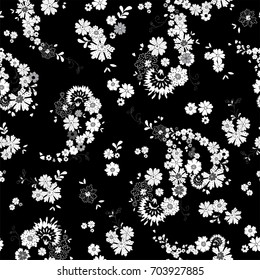 Pretty Boho Floral Paisley Seamless Repeat Wallpaper Tile - Black, Grey and White Monochromatic Palette with Dark Background