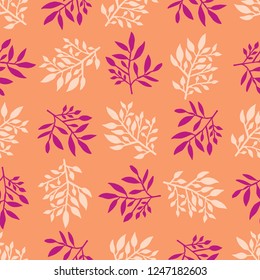 Pretty Boho Leaf Damask Seamless Vector Pattern. Hand Drawn Paper Cut Leaves. Boho Scandi Style Illustration for Trendy Textile Fashion Prints, Hipster Nature Packaging. All Over Pastel Orange Purple