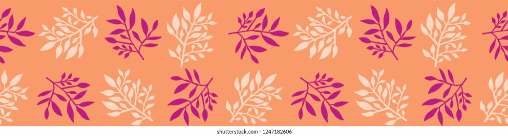Pretty Boho Leaf Damask Seamless Vector Border. Hand Drawn Paper Cut Leaves. Feminine Scandi Style Illustration for Trendy Textile Fashion Trim, Washi Tape, Hipster Home Decor Edging, Blog Banners
