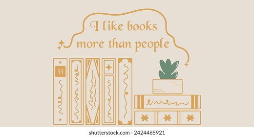 Pretty book stack with cute plant and reading quote. Magical ornate books. Bookish hand drawn outline vector design. Isolated art illustration