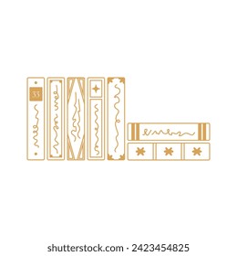 Pretty book stack. Magical ornate golden books, bookshelf. Bookish hand drawn outline vector design. Isolated art illustration