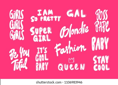 I am so pretty, boss bsbe, blondie. Girls sticker set for social media content. Vector hand drawn illustration design. Bubble pop art comic style poster, t shirt print, post card, video blog cover