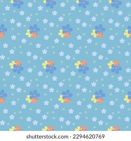 A pretty bouquet of colorful flowers on blue-green tone background, surrounded by cute little pastel blue flower, it is a seamless pattern that looks sweet, cute and beautiful.