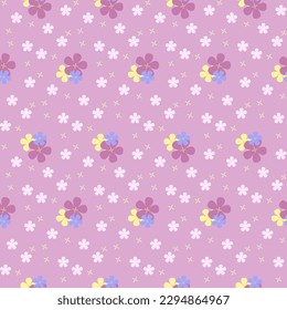 A pretty bouquet of colorful flowers on pink background, surrounded by cute little pastel pink flower. It is a seamless pattern that looks sweet, cute and beautiful.