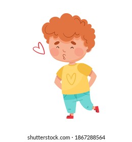 Pretty Boy Character with Red Hair Standing and Pooching Vector Illustration