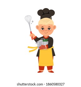 Pretty Boy Chef in Toque and Apron Holding Whisk and Saucepan Vector Illustration